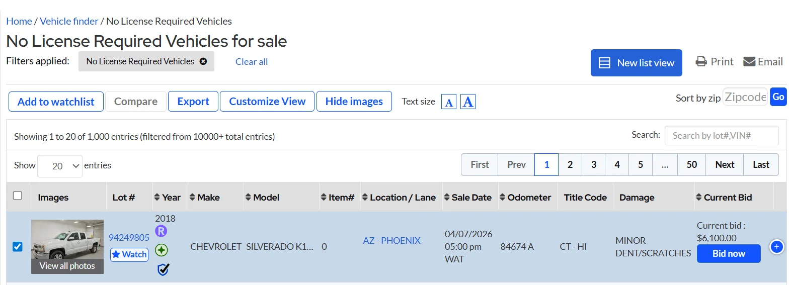 No-license Interface on Copart