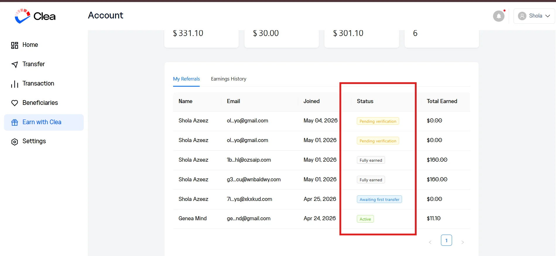 Referral status on Clea
