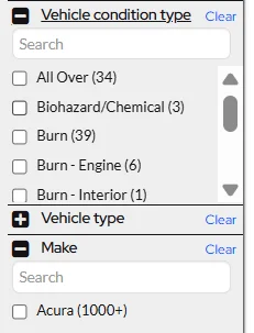 Copart Auction Categories - Damage and Condition