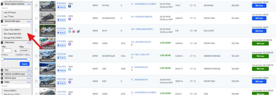 Copart Auction Categories - Title Type