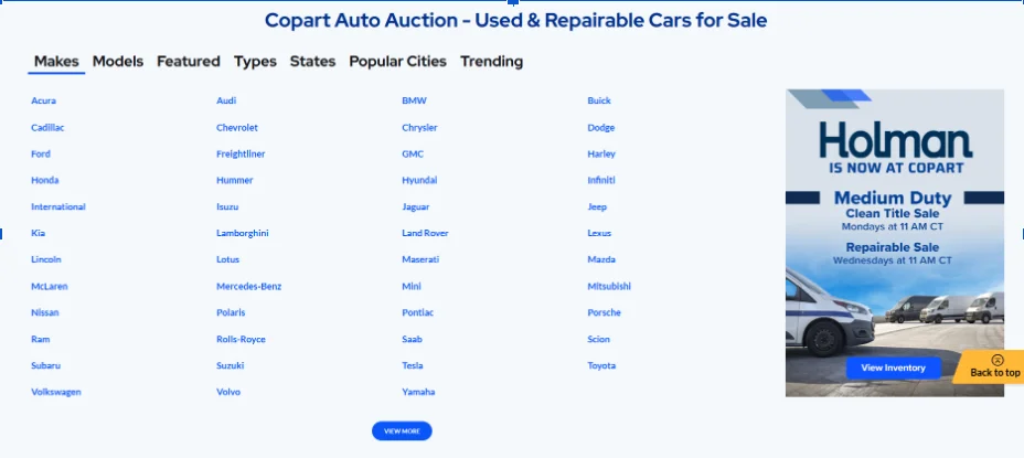 Copart Auction Categories - Vehicle Type