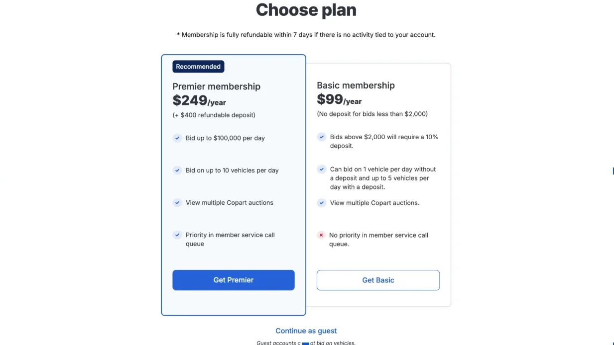 Choose a Membership Plan - How to Open a Copart Account