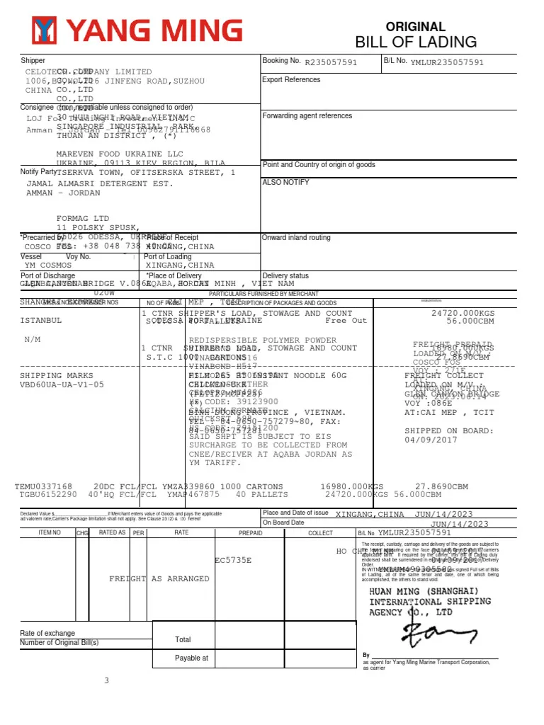 Pay Yang Ming Shipment with Clea
